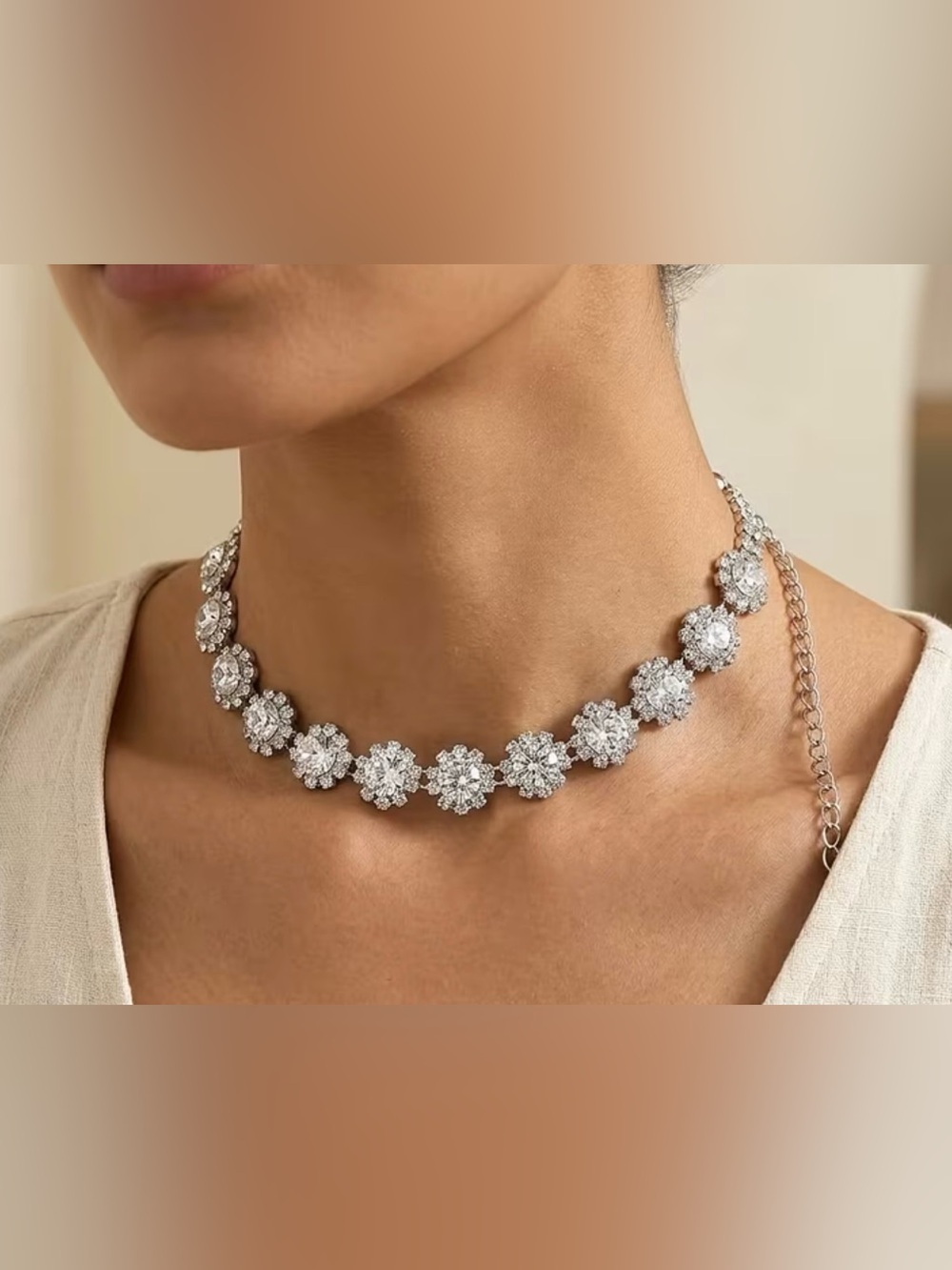 New Silver Floral Crystal Choker Necklace - Women Jewelry